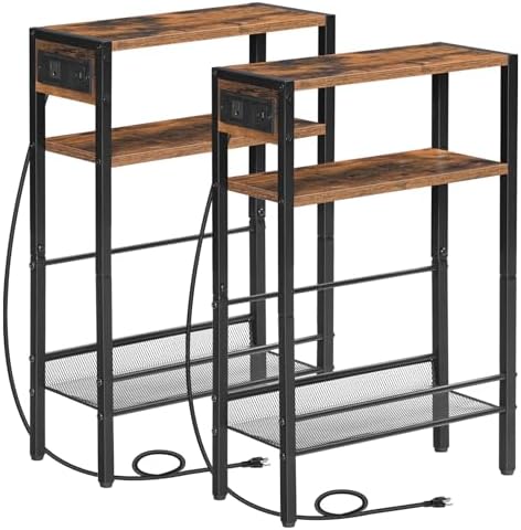 HOOBRO Small Narrow Side Table with Charging Station Set of 2, Skinny End Table for Small Spaces, Slim Nightstand with USB Ports Outlet, Sofa Beside Table with Storage Shelf BF102UBZP201