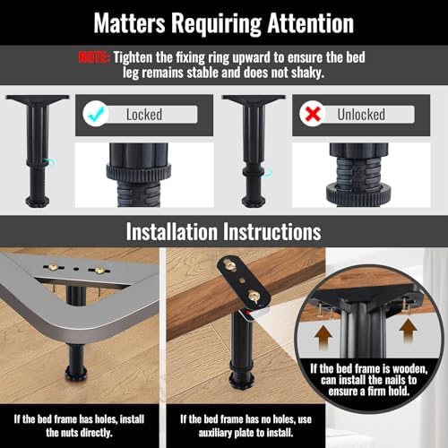 YHK 8PCS Adjustable Height Bed Support Legs 5.0-7.8inch, Bed Frame Support Legs for Bed Slat and Frame, Plastic Bed Frame Support Replacement Bed Support Reinforcement Parts