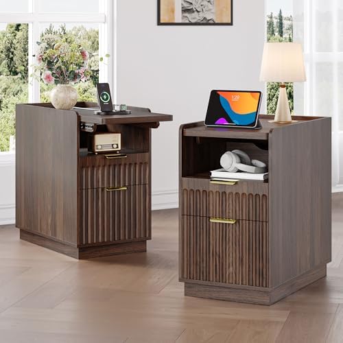 iPormis Fluted Narrow End Table Set of 2 with Charging & 2 Drawers, Walnut