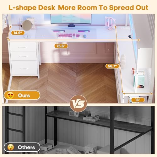 ADORNEVE Loft Bed Full Size with Gaming Desk, Arcylic RGB Hutch, White