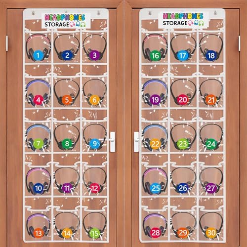 2 Pack Classroom Headphone Storage Organizer with 30 Pockets & 62 Labels