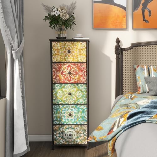 GiftGo Retro Dresser with Fabric Drawers Boho Mandala Flower Chest of Drawers Narrow Storage Tower for Small Spaces Gaps Bedroom Beautiful Nightstand Living Room Table (Mandala, 5 Drawers)