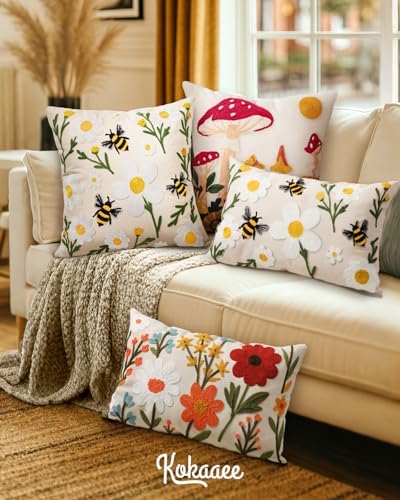 Embroidered Lumbar Pillow Cover 20x12 Inch, Flower Cluster