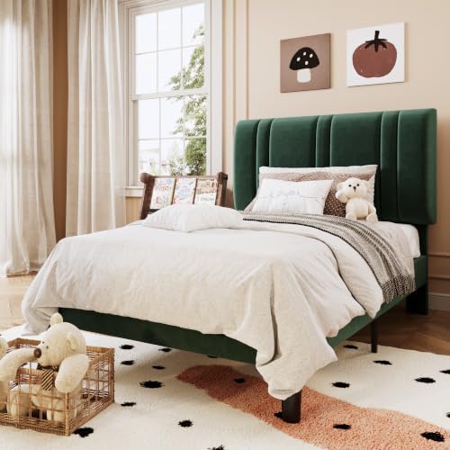 SHA CERLIN Twin Size Velvet Bed Frame with Adjustable Headboard, Green