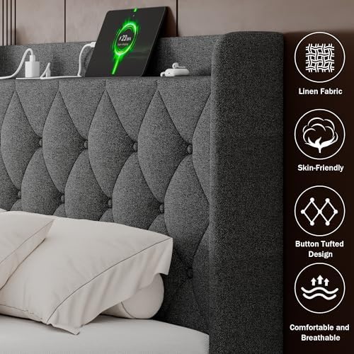 GalnFu Queen Size Bed Frame with Storage, Upholstered Queen Lift up Storage Bed Frame with Charging Station, Button Tufted Headboard, No Box Spring Needed, Easy Assembly, Noise Free, Dark Gray
