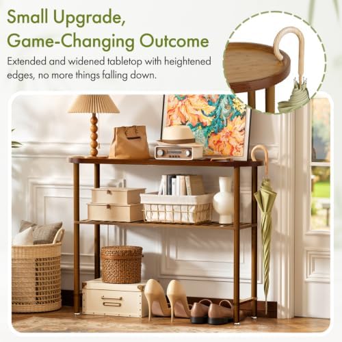 Farmhouse Entryway Table Bamboo 39.4", Narrow Console Table Oval Top, Behind Sofa Table with Anti-fall Edge, TV Stand for Living Room, Indoor Outdoor Plant Stand, 5min Easy Assembly, Dark Walnut