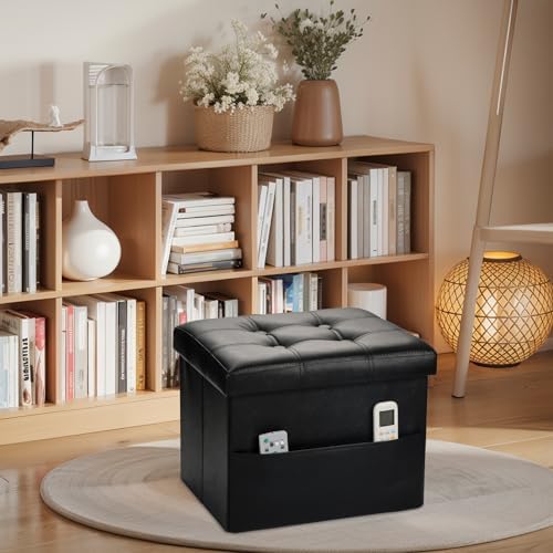 Bsketa Storage Ottoman Bench,17 Inch Folding Leather Foot Rest Stool, Black