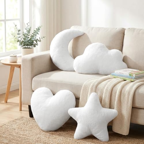 Novabright 4 Pcs Moon Star Cloud Heart Plush Pillow, White 15.7 Inch