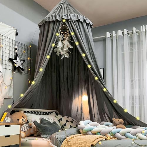 Hommi Lovvi Bed Canopy for Girls, Dreamy Frills Ceiling Hanging Princess Canopy Bedroom Decoration Soft Canopy Net Reading Nook, Extra Large Full Queen Size Bed Canopies - Grey