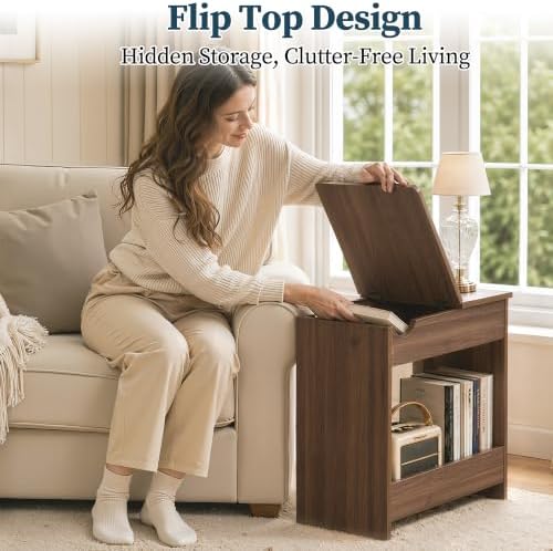 TIQLAB Flip Top End Table with Hidden Charging Station, 23 inch Side Table with Rounded Corner Design, Narrow Nightstand with Wood Shelf, Bedside Table for Living Room Bedroom, Walnut