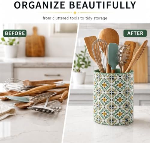 Solidith Ceramic Utensil Holder Crock for Kitchen Countertop,Green