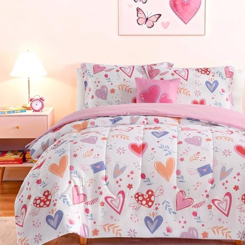 Twin Comforter Set for Girls-3 Pieces Heart Printed Twin Bedding Sets