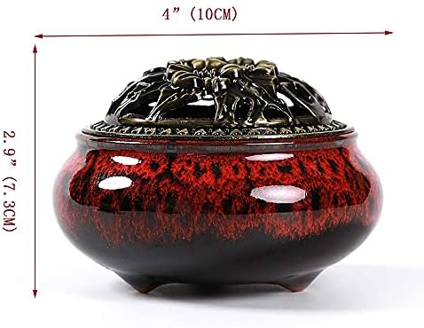 Incense Burner with Calabash Incense Stick Holder - Porcelain Charcoal Censer for Use with Resin Granular Powder Cone or Coil Incense (Fambe Red)
