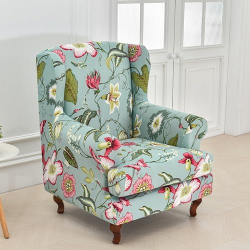 HAOYONG Wing Chair Slipcovers Stretch Wingback Chair Covers Printed 2 Pieces Wingback Armchair Slipcover Elastic Chair Slip Covers Washable Armchair Protector Cover for Living Room and Bedroom
