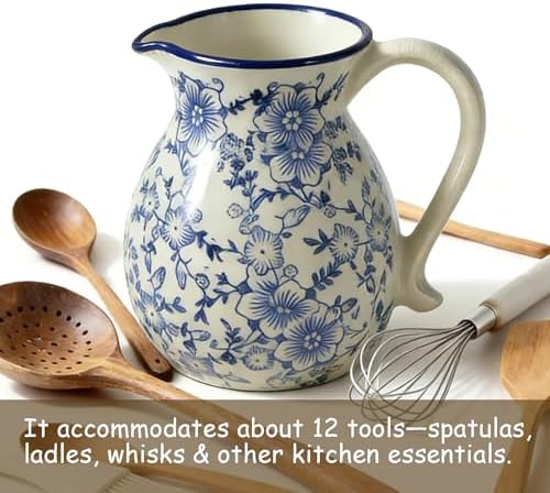 6.1" Blue & White Ceramic Farmhouse Utensil Holder for Kitchen Counter