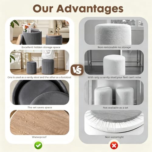 YYW HOME Round Ottoman with Storage Set of 2, Gray Vanity Stool Foot Rest