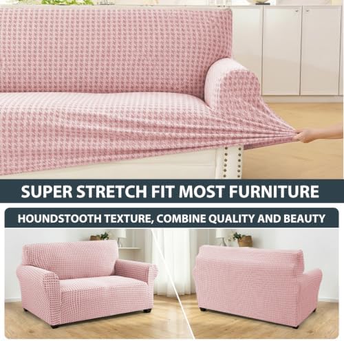 ZNSAYOTX 1 Piece Stretch Loveseat Cover (55"-71") New-Houndstooth Texture, Thick Sofa Covers for 2 Cushion Couch Universal Sofa Slip Cover with Elastic Bottom & Buckle, Soft Protector Dusty Pink