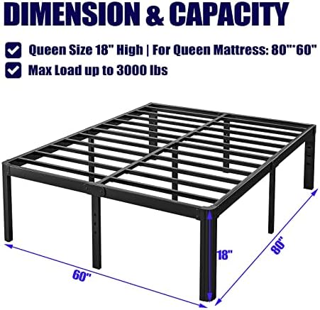 Hunlostten 18in High Queen Bed Frame No Box Spring Needed, Heavy Duty Metal Platform Bed Frame Queen Size with Round Corners, Easy Assembly, Noise Free, Black
