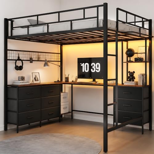 Full Size Loft Bed with L-Shaped Desk and Storage, Vintage Brown
