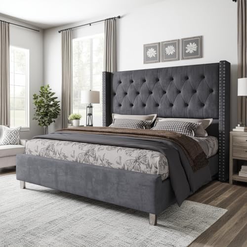 Jocisland King Bed Frame Velvet Tufted Upholstered 49.2" Headboard, Grey