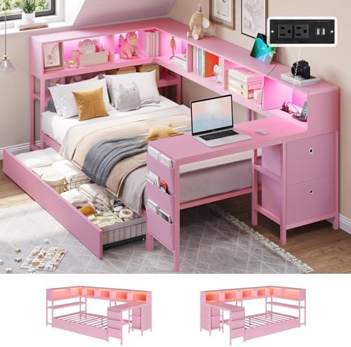 DICTAC Corner Twin Bed Frame with Desk,Charging Station and Bookcase Storage Pink Bed Frame for Girls with Storage Drawers and Led Lights Twin Size Daybed with Open Shelves,No Box Spring Needed