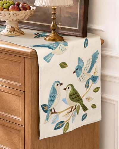 Miss Adola Embroidered Canvas Table Runner 13"x72", Bird Harmony