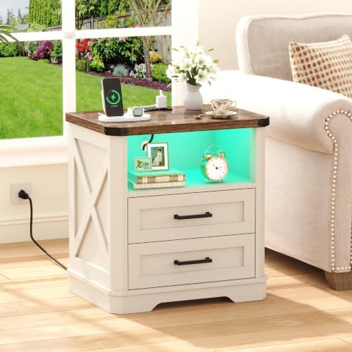 Yusong 23.62" Tall Night Stand, LED Nightstand with Charging Station, Modern Night Stand, Wood Sofa Couch End Side Table with 2 Pull-Out Shelf, White