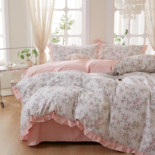 Pink Floral Duvet Cover Set Twin XL - 100% Cotton Romantic Ruffle Lace Bedding Set, Cute Aesthetic Princess Bedding Reversible Pink Striped, Cottagecore Botanical Flower Duvet Cover for Girls Women