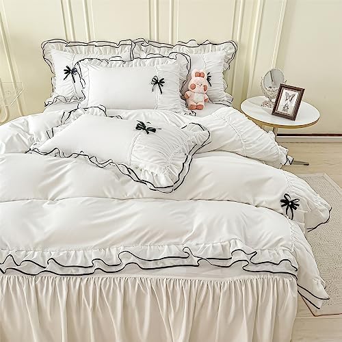 IHOUSTRIY White Duvet Cover Queen Size, Ruffle Beddding Set with Bowtie, 3 Pieces Comforter Cover Set with Zipper Closure, Girl Bedding with Pillowcase - Whte, Queen