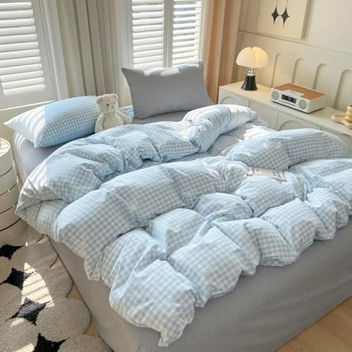 Gingham Duvet Cover Set,Cotton,Queen (90"x90"),Blue White Plaid