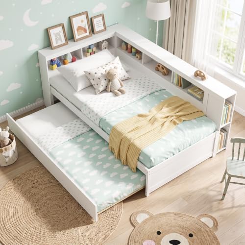 KOMFOTT Twin Size Daybed with Trundle, Trundle Bed with L-Shaped Bookcase