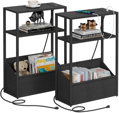 TUTOTAK Narrow Side Tables with Charging Station, Slim End Tables Set of 2