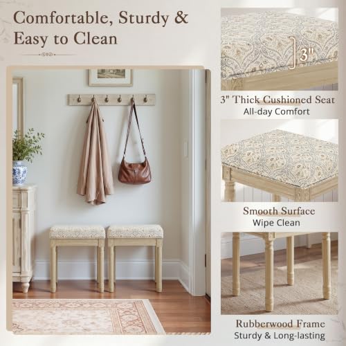 LUE BONA Vintage French Vanity Bench Stool, Upholstered Floral Makeup Chair