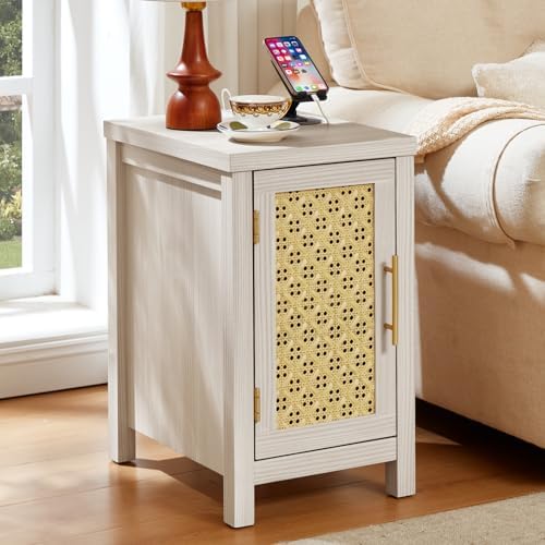 YUFAM Rattan Nightstand Set of 2 with Charging Station, Grey