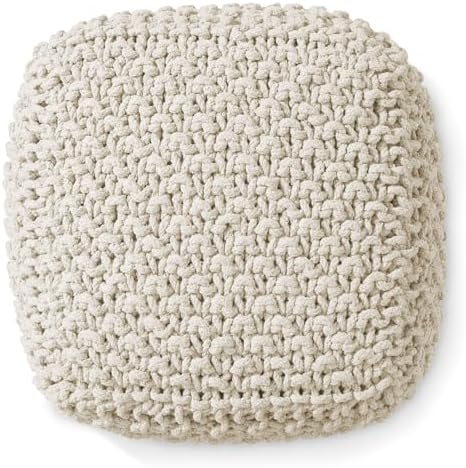 Casafield Square Pouf Ottoman, Natural - 18.5" W x 18.5" D x 14.5" H Cotton Knit Foot Stool - Boho Floor Pouffe for Living Room, Bedroom, Home Office