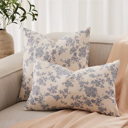 100% Cotton French Pastoral Throw Pillow Covers Set of 2, 24x24 Inch Double Sided/Blue, Farmhouse Decorative Cushion Covers for Sofa Bed Living Room Home Decor