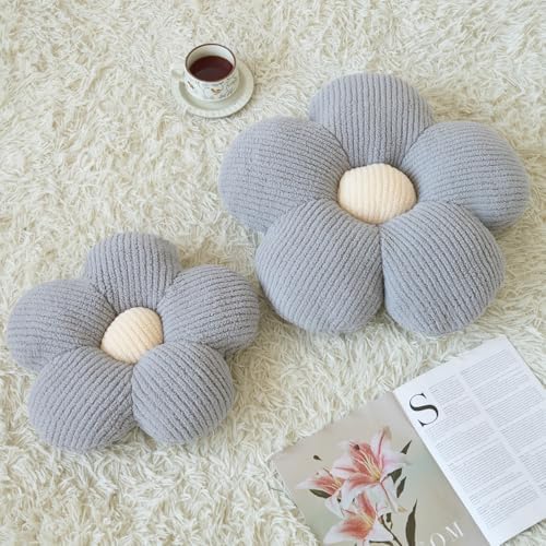 Flower Pillow, Decorative Throw Pillow for Couch, Cute Decor Pillows for Bed, Aesthetic Flower Shaped Pillow Fun Cushion (Grey, 19.6 Inches)