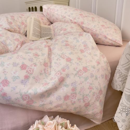 LifeTB Vintage Floral Duvet Cover Set King, Pink Flower Coquette Duvet Cover Muslin Cotton Gauze Bedding Set, Cottagecore Flower Botanical Comforter Cover, Aesthetic Floral Lightweight Bedding Set