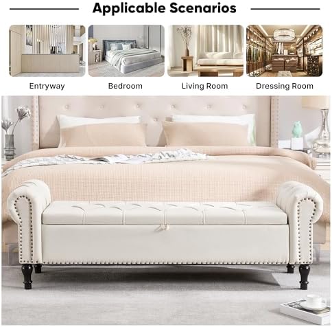 67 Inch Storage Bench for Bedroom, King Size End of Bed Bench, Upholstered Bench with Rolled Arms, Linen Tufted Button Storage Ottoman Benches, Living Room, Entryway, Cream Beige