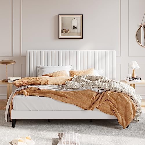 SHA CERLIN King Upholstered Platform Bed Frame with Vertical Channel Tufted Velvet Fabric Adjustable Headboard, Wooden Slats Support, Mattress Foundation, Box Spring Optional, White