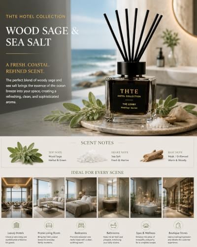 Hotel Reed Diffuser Set, 6.7 fl oz, Sea Salt and Coastal Sage with Grapefruit, Seaweed and Ambrette, Long-Lasting Coastal Home Fragrance for Bedroom, Living Room and Office
