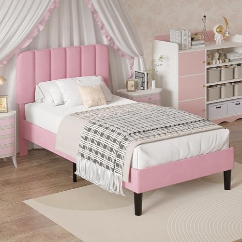 VECELO Twin Size Bed Frame with Upholstered Headboard, Velvet Platform Bedframe Mattress Foundation, Strong Wood Slat Support, No Box Spring Needed,Pink