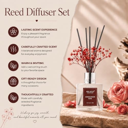 Airkeep Reed Diffuser Set,3.38 fl oz (100 ml) - Sandalwood Rose Oil Diffusers with 8 Reed Sticks,Home Fragrance Reed Diffuser for Bathroom Shelf Decor