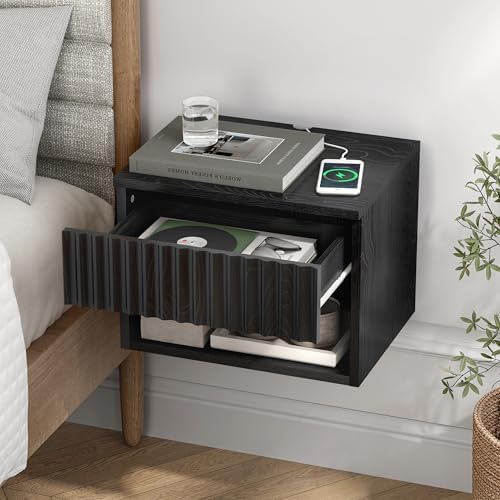 Floating nightstand Set of 4，Modern Fluted Bedside Tables with Drawer & Open Shelf Black