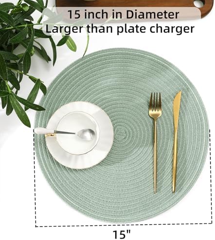 SHACOS Round Placemats Set of 6 Washable 15 inch Cotton Polyester Table Mats Woven Braided Place Mats for Dining Table, Sage Green