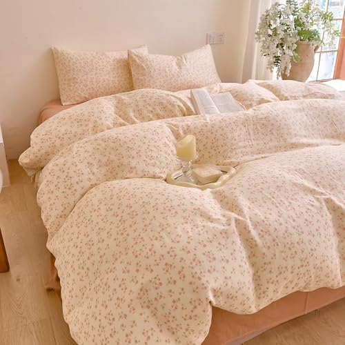 HighBuy Muslin Duvet Cover Queen Size Pink Floral Print 3 Piece 100% Cotton Gauze Comforter Cover with 2 Pillowcases,French Country Soft Textured Gauze Weave Duvet Cover Set Breathable