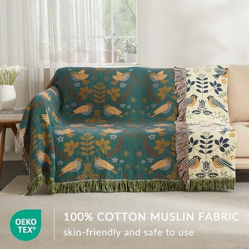 Bailix Boho Throw Blanket, 100% Cotton, Woven Bird Pattern, 80"x90"