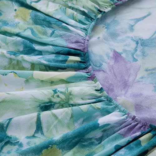 Bedding Fitted Sheet with Deep Pocket,Oil Painting Style Printed Fabric Bed Sheets (Green Floral,King)
