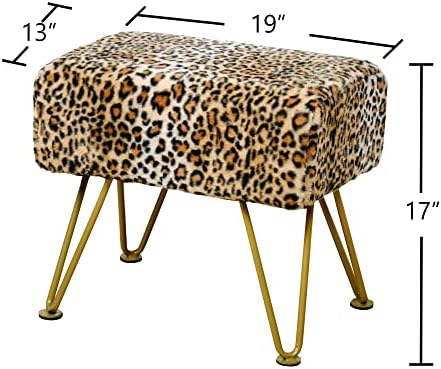 Leopard Print Rectangle Ottoman 19"x13"x17" Faux Fur Entryway Bench Footrest Stool Accent Seating Cheetah Furry Ottoman Bedroom Vanity End of Bed for Bathroom Living Room Decor