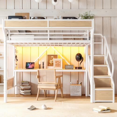 Full Size Metal Loft Bed Frame with Storage Staircase & Built-in Desk & Wardrobe, Loft Bed with Pegboard & Mesh Storage Baskets & Slats, No Box Spring Required, Easy Assembly, for Bedroom, White